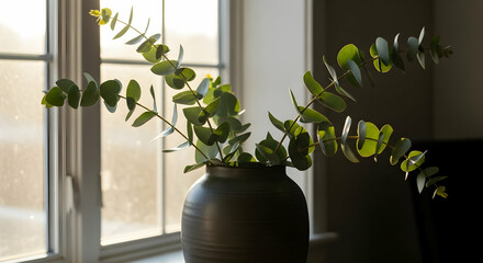 Eucalyptus Branches In Clay Vase By Window Offering Bright And Airy Ambiance