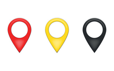 Colorful Location Pin Icons – Red, Yellow, Black Map Markers. Colorful navigation pin icons for maps and apps. Red, yellow, and black realistic location markers.