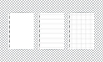 Realistic Notebook Paper Sheets Set — Blank, Lined, and Grid. Vector template of white notebook paper collection with ring binding holes. Includes grid paper, lined paper, and blank paper.