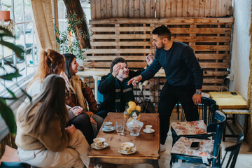 A group of friends having warm and lively conversations over coffee in a cozy, welcoming...