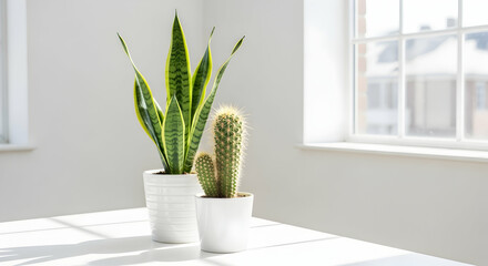 Minimalist Houseplants: Sansevieria and Cactus in Bright Room Near Window