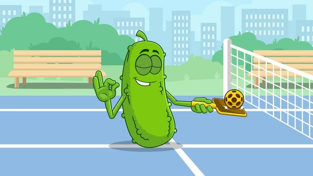 Funny Pickle Cartoon Character Playing Pickleball On Outdoor Court Holding Paddle And Ball. 4K Animation Video Motion Graphics With Background