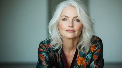 A captivating portrait of a mature woman with silver hair, radiating confidence and grace while dressed in a floral robe, showcasing her timeless beauty and sophistication.