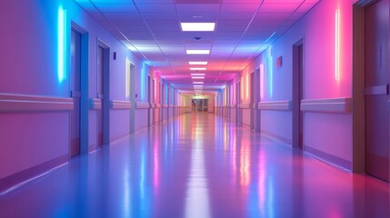 A long hallway with doors and neon lights in pink and blue creating a surreal and modern atmosphere
