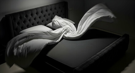 Dramatic Bedroom Scene Featuring a Dark Upholstered Bed with Flowing Sheets