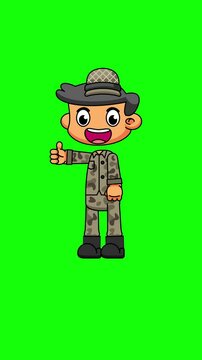 Military Soldier Cartoon Thumbs Up, Cute Army Pose Loop on White