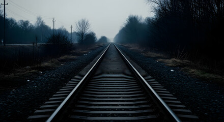 Fototapeta premium Railway Track Disappearing Into Foggy Horizon Through Dim Countryside