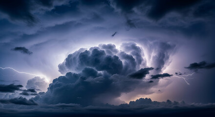Obraz premium Dramatic Lightning Strikes Across Turbulent Storm Clouds in the Night Sky