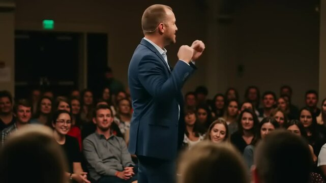 Engaging speaker captivating an audience in a conference hall, with attendees reacting positively