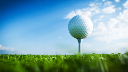 Golf ball sitting on a tee in lush green grass under blue sky