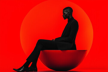 Minimalistic full-body photography of a Black male model wearing a minimal suit