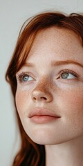 Close-up Portrait of a Young Woman with Freckles, Clear Skin, and Striking Green Eyes