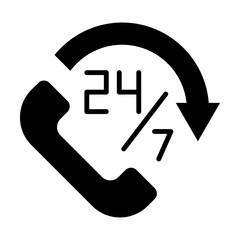 Icono de servicio 24 horas. Acción permanente, asistencia telefónica continua, llamada, emergencias, atención 24/7. Ilustración vectorial