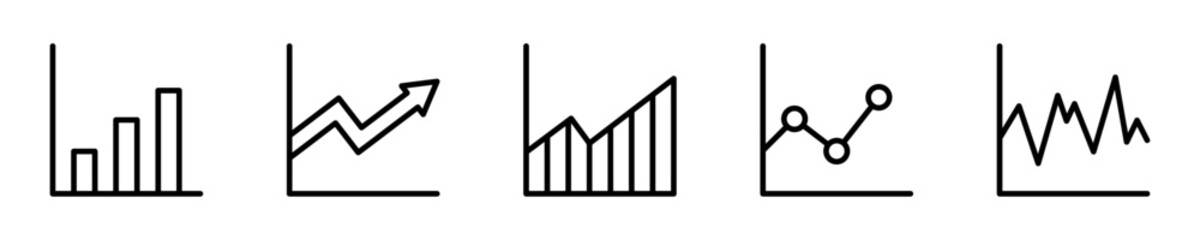 Conjunto de iconos de gráficas de estadísticas. Finanzas, crecimiento de datos, análisis de métricas, progreso visual y tendencias numéricas. Ilustración vectorial