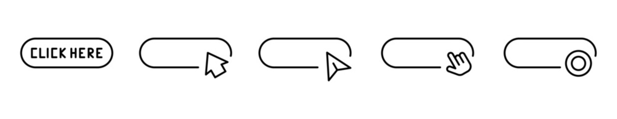 Conjunto de iconos de clic aquí. Interacción digital, clic en el botón, navegación web, llamada a la acción, clic táctil. Ilustración vectorial