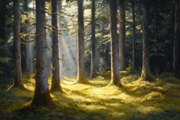 Obraz premium Sunlight streams through a dense forest (1)