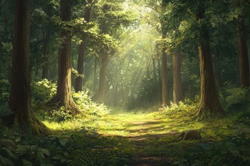 Obraz premium Sunlit forest path. Lush greenery, sunlight streams through canopy