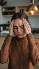 Young Woman Suffering From A Severe Headache At Home, Rubbing Her Temples In Pain And Discomfort