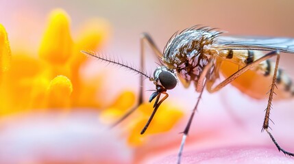 Fototapeta premium This macro shot showcases a detailed view of a mosquito perched on colorful flower petals, revealing intricate textures and the beauty of nature's ecosystem.