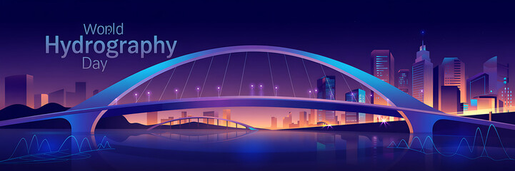 Obraz premium World Hydrography Day Banner, illuminated bridge, city skyline, modern marine science | Hydrography Day