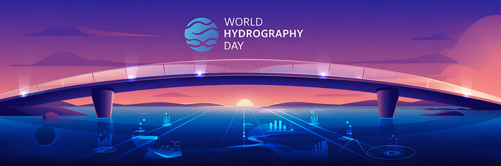 World Hydrography Day Banner, illuminated bridge, city skyline, modern marine science | Hydrography Day