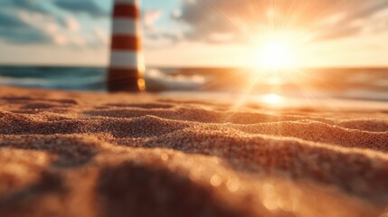 A beautiful sunset casts a warm glow over the sandy beach, creating a serene atmosphere with gentle waves lapping at the shore and a lighthouse in the background.
