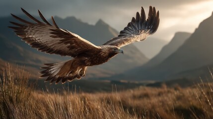 Naklejka premium Majestic Eagle Soaring Over a Scenic Mountain Landscape at Sunset