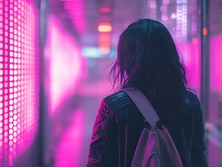 Neon luminescence surrounds a girl on the street, a moment of urban solitude