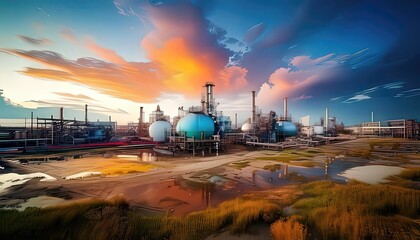 Industrial Landscape with Tanks and Colorful Sky at Sunset