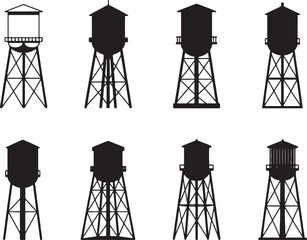 Eight silhouettes of water towers various designs