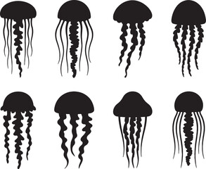 Eight silhouettes of jellyfish ocean life sea creatures