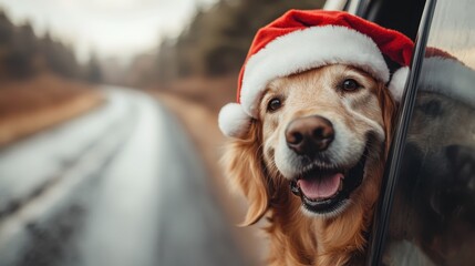 A golden retriever joyfully looks out from a car window, wearing a festive Santa hat. This charming scene captures the spirit of holiday cheer and companionship.