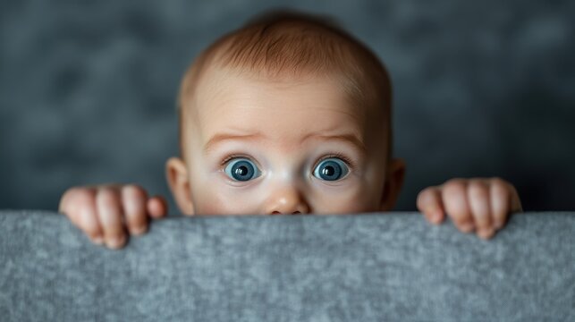 An adorable baby peeking over a surface with wide, captivating blue eyes, evoking feelings of curiosity and innocence in a soft-focus, warm environment.