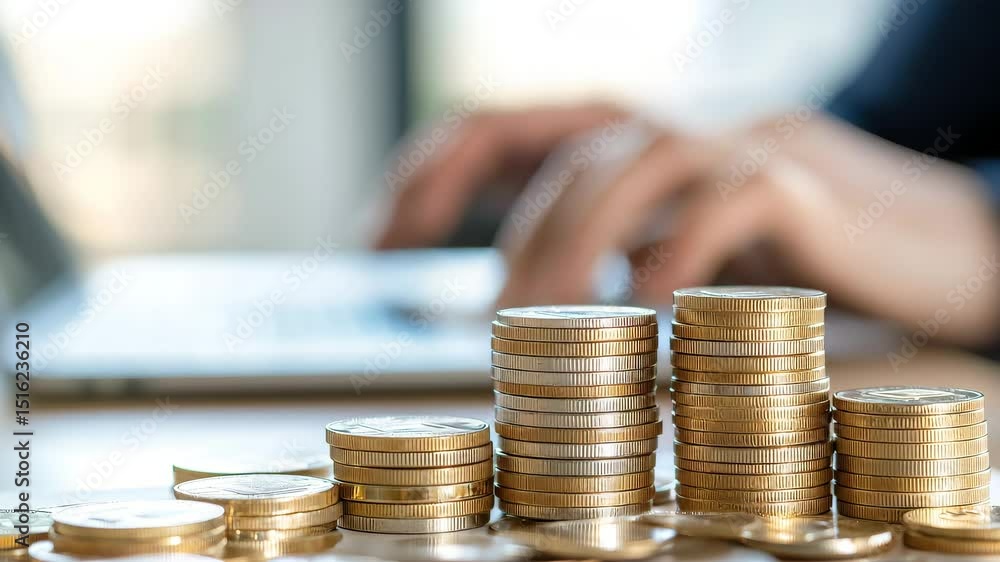 Poster stacked coins on table with person working on laptop in background