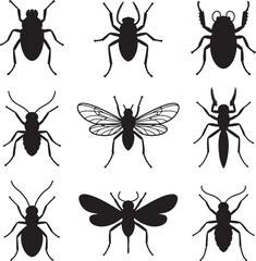 Nine black insect silhouettes collection vector graphics