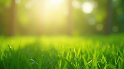 Obraz premium Bright summer green grass field with a blue sky and fresh growth
