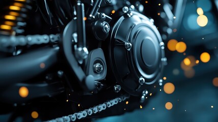 An intricate close-up of a motorcycle engine captures its mechanical elegance and power, illustrating the artistry and engineering behind advanced motorbike technology.
