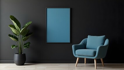 Fototapeta premium A minimalist chair and a green plant are A minimalist chair and a green plant are set against a striking black wall, enhancing the contemporary decor. blank frame on the wall