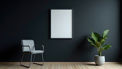 A minimalist chair and a green plant are A minimalist chair and a green plant are set against a striking black wall, enhancing the contemporary decor. blank frame on the wall