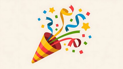 Festive party popper exploding with colorful confetti and ribbons on a light background
