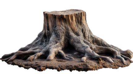 old textured tree stump with sprawling roots on white background