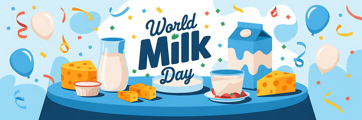 World Milk Day Banner, dairy products, healthy food, milk, cheese, yoghurt | milk day 
