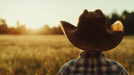 A cowboy hat rests on a person's head as they face a serene rural sunset, symbolizing freedom, adventure, and the connection to the vast open landscapes of rural life.