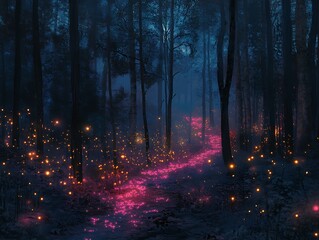 Enchanted woodland path illuminated by mystical lights and ethereal glow