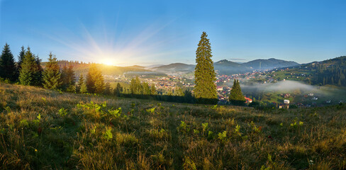 Mountain Sunrise Grassy Slope Trees