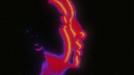 4K Neon profile silhouette with red and violet glitch lines on CRT screen, pixel distortion and analog scanlines for motion graphics overlay, screen mode, cyberpunk identity and tech aesthetic - Powered by Adobe