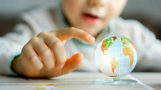 A child pointing at a small globe, exploring the world around them with curiosity and wonder.