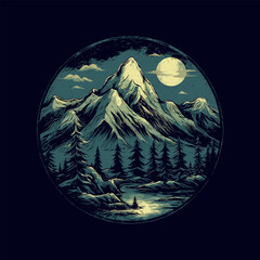 Mountain forest and river at night, adventure logo vintage