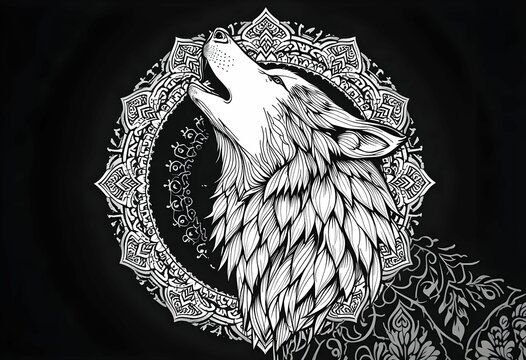 Howling wolf in mandala style, fine linework illustration for adult coloring, black backdrop, intricate symmetrical design.