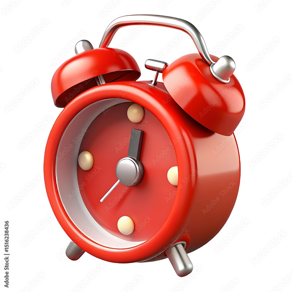 Poster vivid 3d illustration of a red alarm clock on a white background displaying time